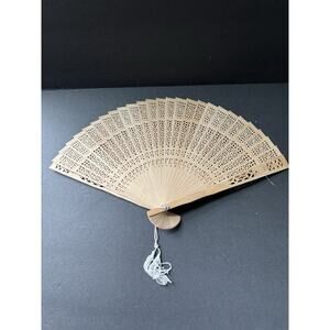 Vintage Wooden Folding Hand Fan Chinese Open Work Tassel Carved Wood